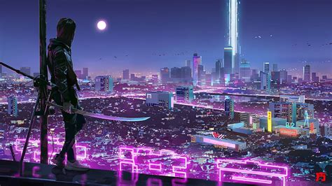 Warrior Girl in Cyberpunk City , Artist , , and Background, Purple ...