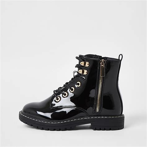 Girls black patent chunky lace up ankle boots | River Island