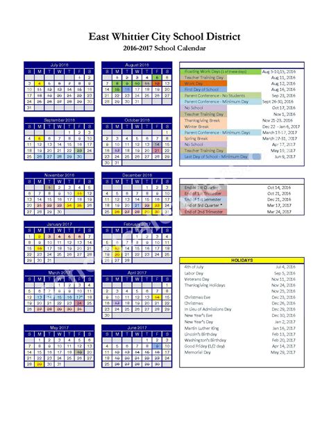 2016-2017 District Calendar | East Whittier City School District ...