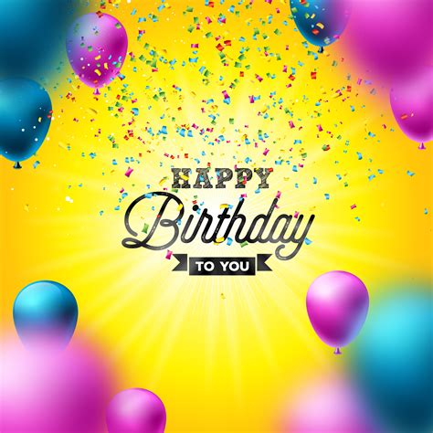 Happy Birthday Vector Design with Balloon, Typography and Falling Confetti on Shiny Yellow ...