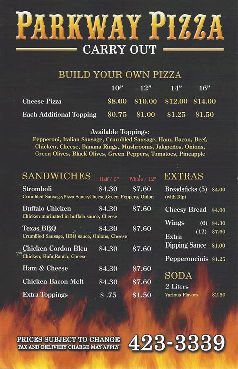 Menu at Parkway Pizza pizzeria, Evansville