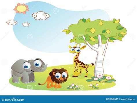 Animals Cartoon with Garden Background Stock Illustration - Illustration of jungle, clip: 39048695