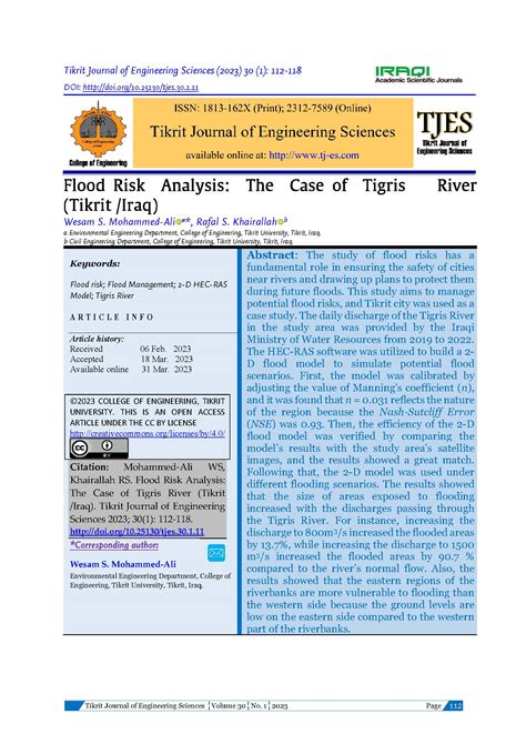 Flood Risk Analysis: The Case of Tigris River (Tikrit /Iraq) | Tikrit Journal of Engineering ...