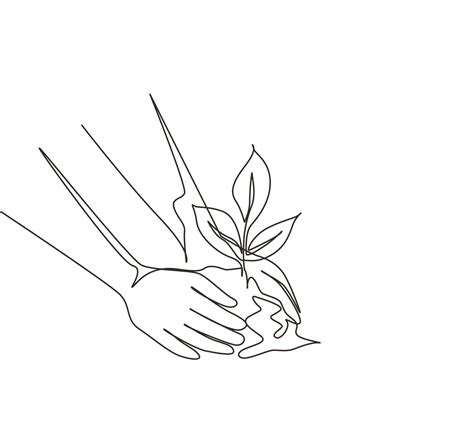 Single one line drawing planting young tree by kid hand on back soil as care and save world ...