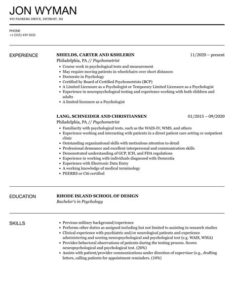 Psychometrist Resume Samples | Velvet Jobs