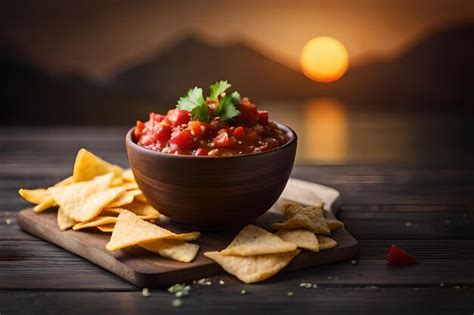 Premium AI Image | a bowl of salsa with chips and chips on a table.