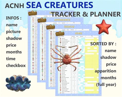 Animal Crossing Sea Creatures Northern Hemisphere Checklist | Etsy