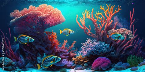 Ocean coral reef underwater. Sea world background with colorful tropical fishes, seaweeds and ...