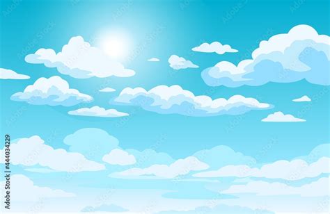 Blue sky with clouds. Anime style background with shining sun and white ...