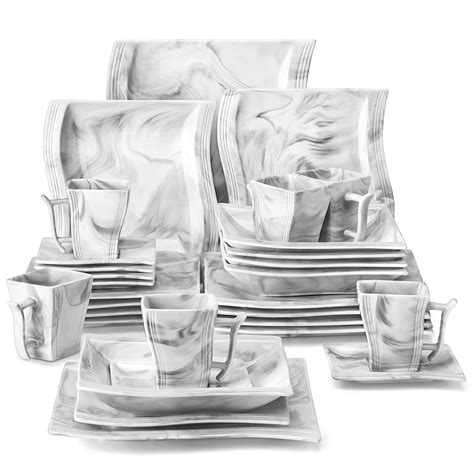 MALACASA Dinnerware Sets, 30 Piece Marble Grey Square Plates and Bowls Sets, Porcelain Dinner ...