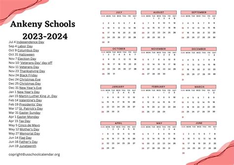 Ankeny Schools Calendar with Holidays 2023-2024