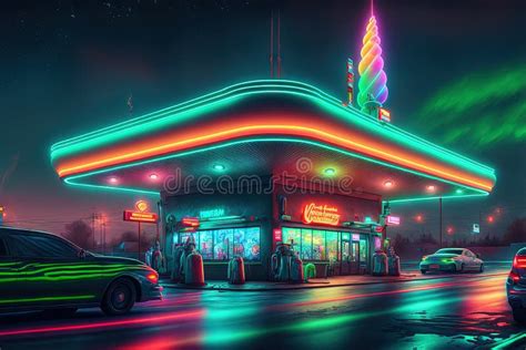 Neon Gas Starion in the Night. Neon Cyberpunk or Travel Concept with ...