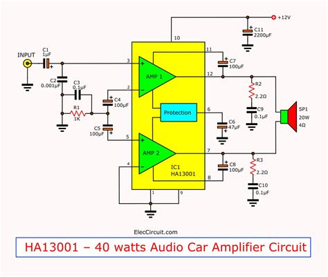 Mini 40 watt audio car amplifier circuit using HA13001