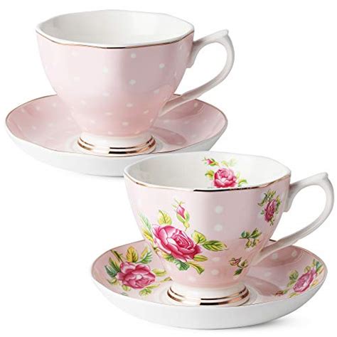 BTäT- Floral Tea Cups and Saucers, Set of 8 (8 oz) Multi-color with Gold Trim and Gift Box ...