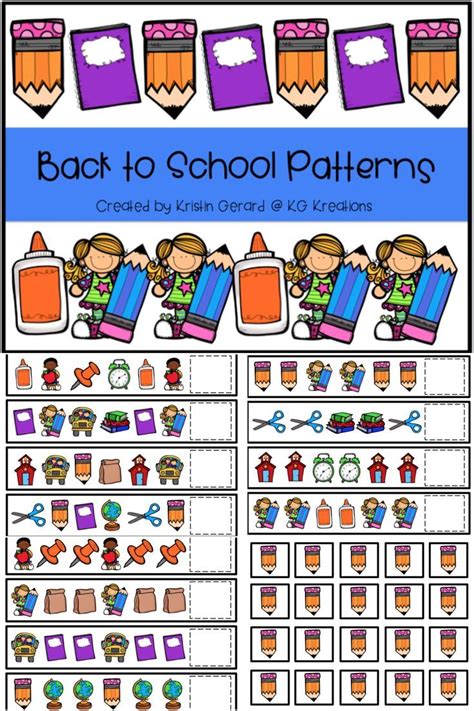 Back to School Theme Pattern Cards - Extending Patterns Math Activity | Math patterns, Back to ...