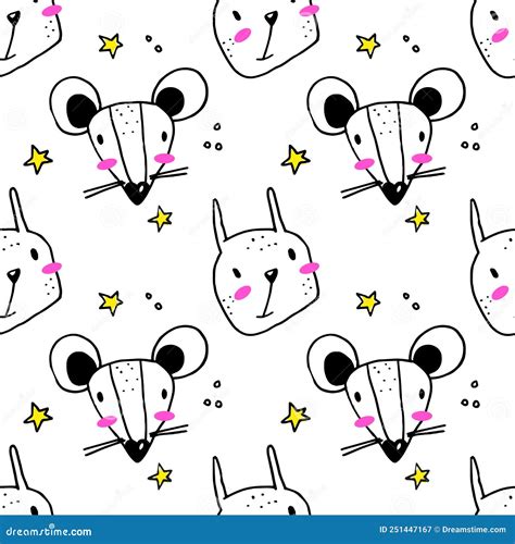 Cute Seamless Pattern with Line Art Style Wild Animals - Adorable Hand ...