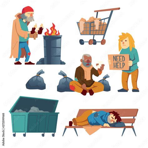 Homeless people cartoon vector characters set isolated on white ...