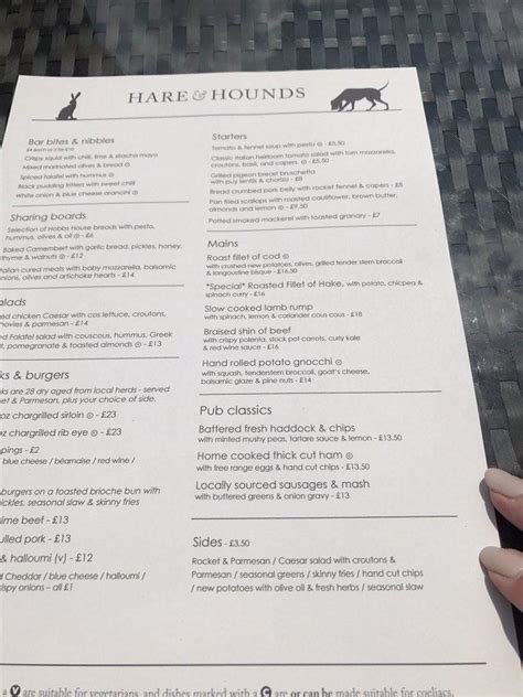 Menu at Hare & Hounds restaurant, Bath