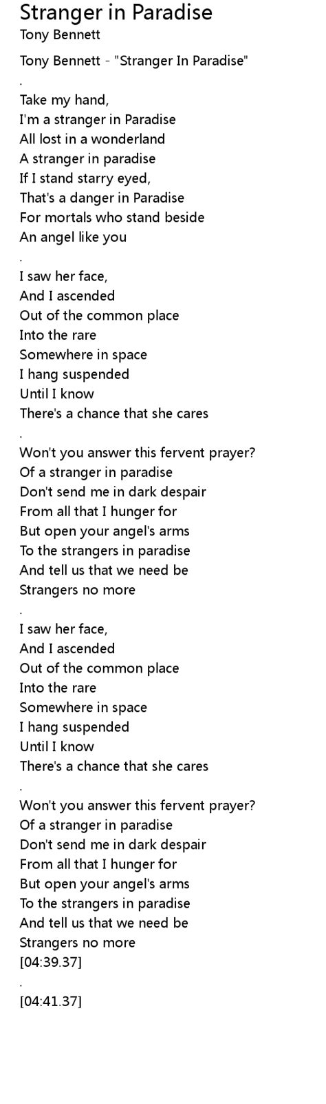 Stranger in Paradise Lyrics - Follow Lyrics