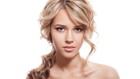 Picture Blonde girl Beautiful Face female Staring White 2560x1440