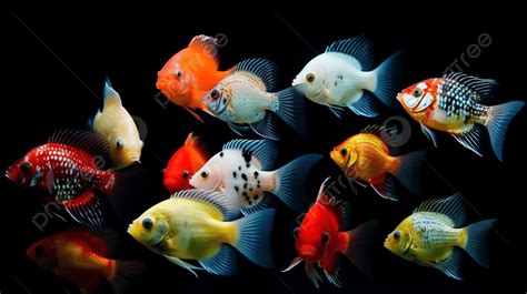 The Group Of Fishes In Different Colors Surrounded By Black Background ...