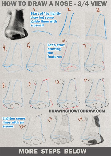 Drawing and Shading a Realistic Nose in 3/4 View in Pencil or Graphite Easy Step by Step ...