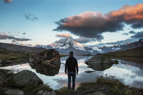 Lonely man standing on quiet mountain lake landscape Free stock photos in jpg format for free ...