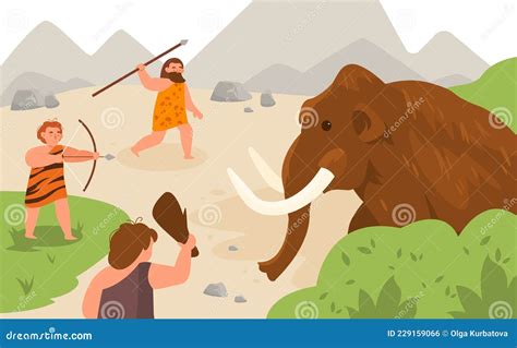 Stone Age Hunting. Ancient Men Chasing Mammoth Animal, Angry Caveman ...