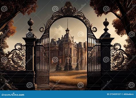 Iron Gates Open, with the View of a Grand and Luxurious Mansion Visible ...