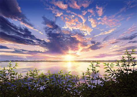 Sunset Background Anime Park - Hd Wallpaper Anime Scenery Sunset Leaves Nature Wallpaper Flare ...