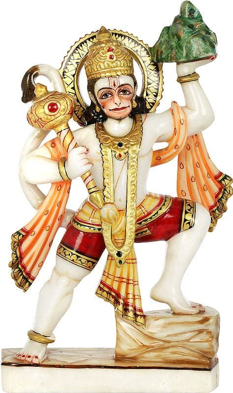 Lord Hanuman White Marble Statue Carrying Sanjeevani Mountain | Exotic India Art