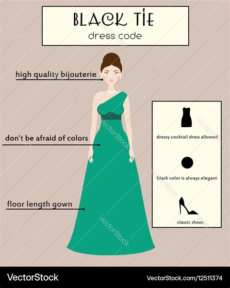 Woman dress code infographic black tie Royalty Free Vector