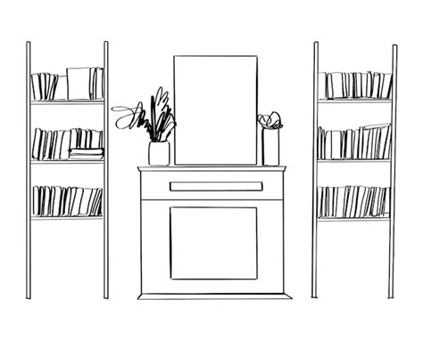 Premium Vector | Sketch of modern living room interior with bookshelf fireplace and pictures