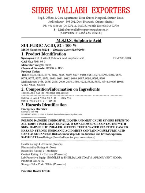 MSDS H2So4 | PDF | Sulfuric Acid | Respiratory System