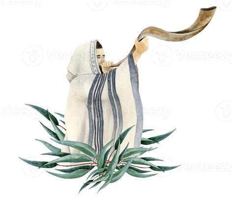 Yom Kippur shofar blowing by Jewish man in talit on Rosh Hashanah holidays with eucalyptus ...