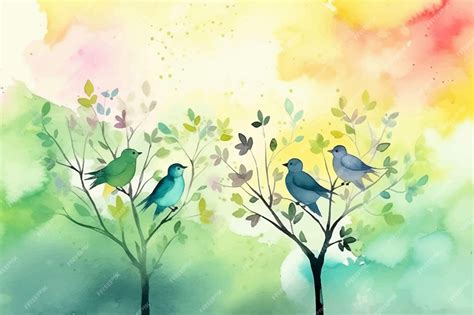 Premium Vector | A watercolor painting of birds on a tree.