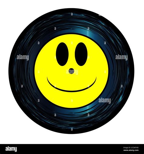 Happy smily Emoji emoticon ghost face on a 45 Seven Inch Vinyl record with yellow label over a ...