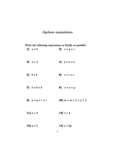 Algebraic manipulation worksheet (with solutions) | Teaching Resources