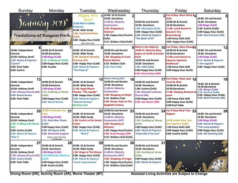 January 2019 Calendar: Assisted Living | Traditions at Reagan Park