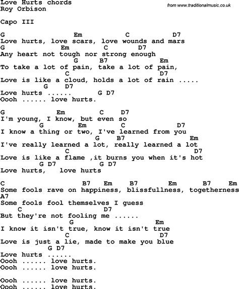 Song lyrics with guitar chords for Love Hurts - Roy Orbison