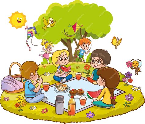 Premium Vector | Illustration of kids having a picnic at the park on a white background