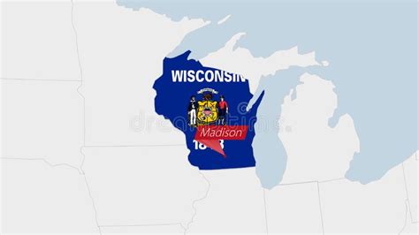 US State Wisconsin Map Highlighted in Wisconsin Flag Colors and Pin of Country Capital Madison ...