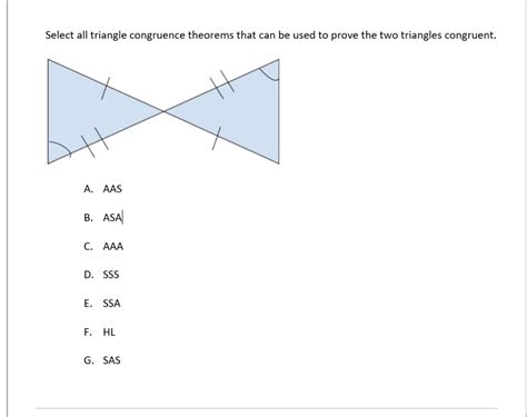 [Solved] Select all triangle congruence theorems that can be used to prove... | Course Hero