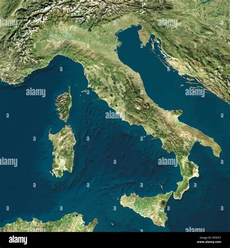 Satellite view of Italy. Italian physical map, reliefs plains and seas ...