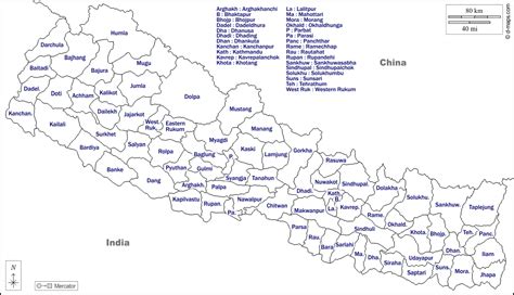 Nepal free map, free blank map, free outline map, free base map boundaries, districts, names, white