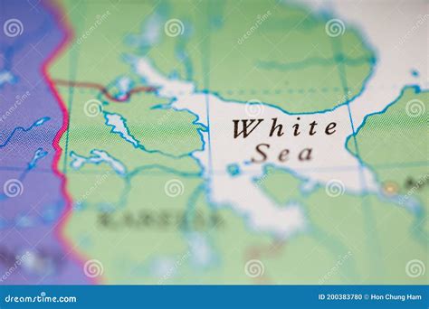 Shallow Depth of Field Focus on Geographical Map Location of White Sea Off Coast of Russia on ...