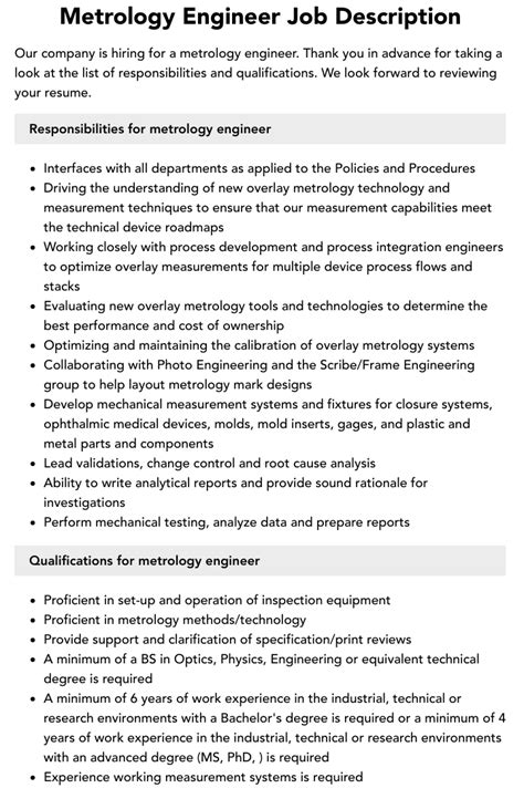 Metrology Engineer Job Description | Velvet Jobs