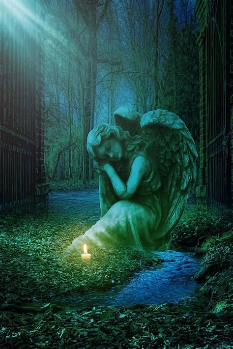 gothic, fantasy, dark, angel, gates, cemetery, cemetery gates, light, candle, glow, trees | Pikist