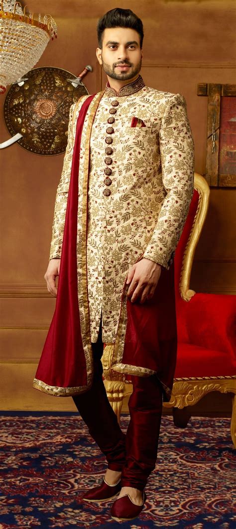 Gold color Banarasi Silk fabric Sherwani : 1535534 in 2020 | Sherwani for men wedding, Sherwani ...