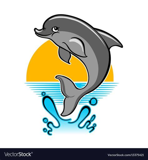 Jumping dolphin and a splash of water against sunset. Vector illustration in cartoon style ...